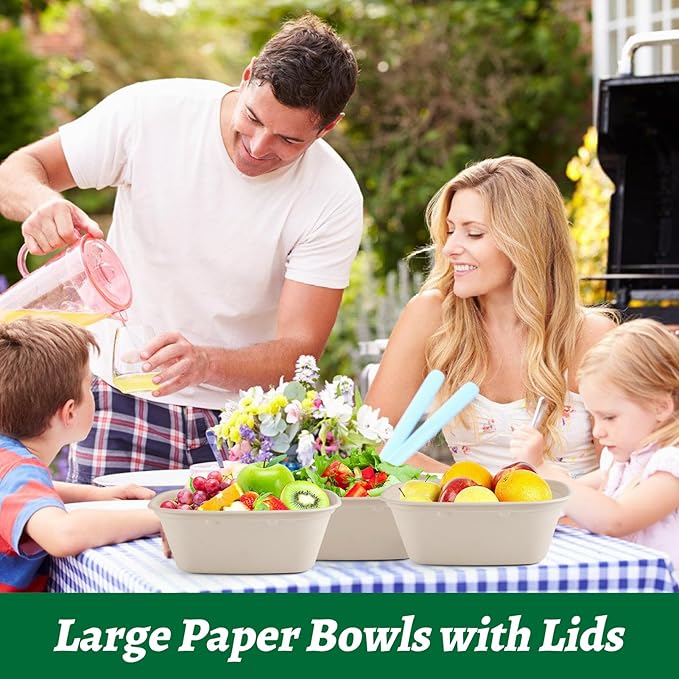 50 Pack 50 OZ Large Paper Bowls with Lids,Heavy Duty Disposable Bowls Bulk,Compostable Paper Take Out Food Containers for Hot/Cold Use,Leakproof,Microwave Safe