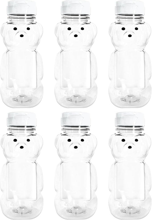 6 Pack of 8 Ounce Honey Bears with Sealable White Flip Top Lids (8 oz. Bear, 6pk, White)