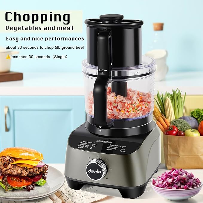 14 Cup Food Processor, French-Fry-Cutter, Blending, Mixing, Shredding, and Slicing, Meat and Vegetable Chopping, Doughing for Home Use, Mincing, and Pureeing,4 Speeds, Large Feed Chute,700W