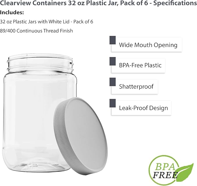 6 Pack of 32 Ounce Plastic Quart Jars with 89RM Leak Proof Seal Lid - Food Grade and BPA Free (32oz, 6pk)