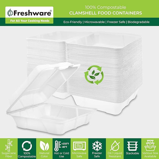 Freshware Clamshell Take Out Food Containers with Lids [9x9 200-Pack] Disposable To Go Containers, Biodegradable Sugarcane To Go Boxes - Paper Food Container - Microwave & Freezer Safe, Stackable