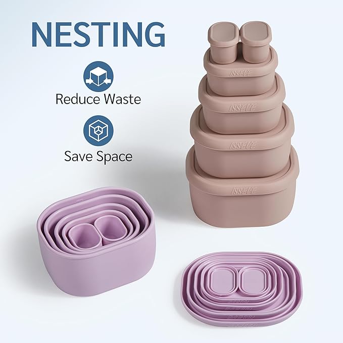 ISSEVE 6Pcs/Set Nesting Silicone Food Storage Containers with Lids, BPA Free Reusable Meal Prep Silicone Containers Lunch Box Bento Box Set (33.8oz, 20oz, 10oz, 6.7oz, 1.3oz) (Purple)