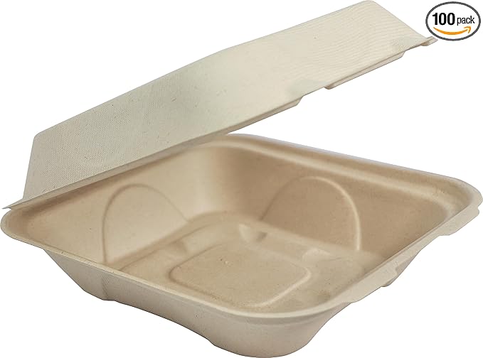 World Centric Compostable Clamshell Containers 9x9x3 - Grease and Moisture Resistant - 100 Pack
