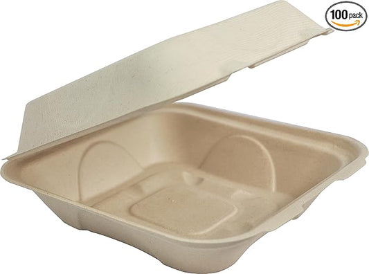 World Centric Compostable Clamshell Containers 9x9x3 - Grease and Moisture Resistant - 100 Pack