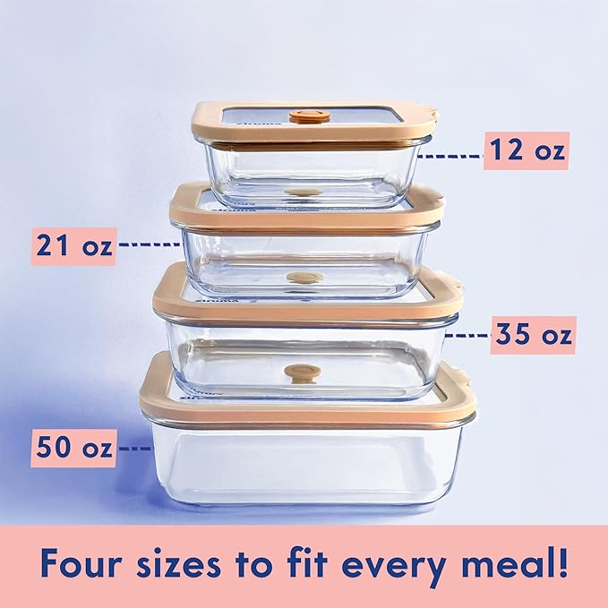 Ziruma Non-Toxic 4 Pack - Glass Food Storage Containers with Lids – Plastic Free, Airtight Meal Prep Containers, Multi-Size (12, 21, 35, 50 Oz), Microwave & Freezer Safe