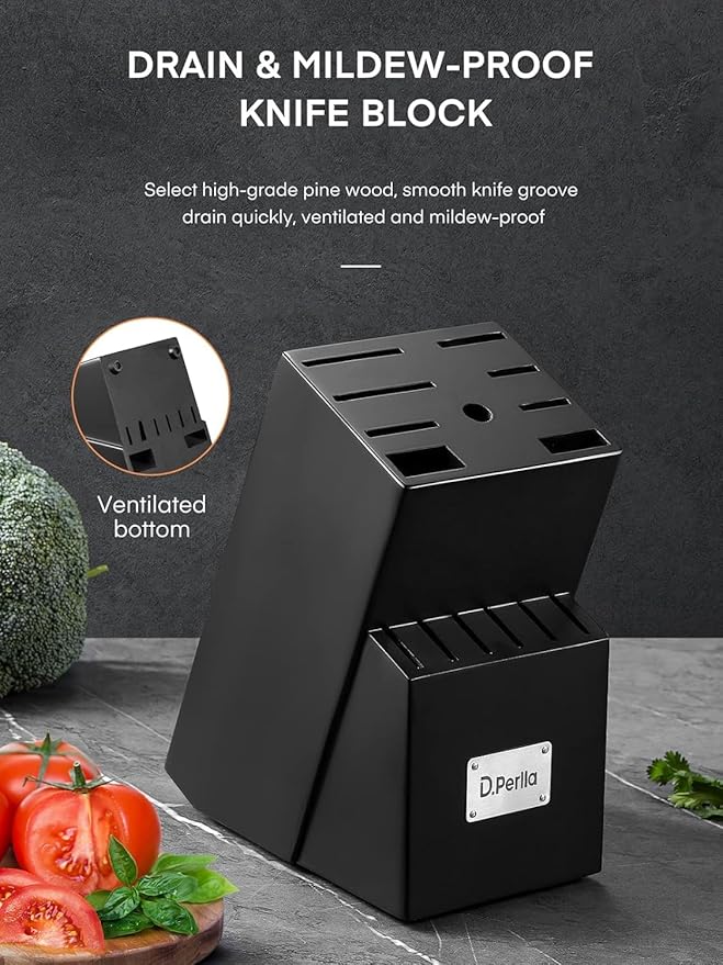 Knife Set with Block, 16 Pcs Stainless Steel Kitchen Knife Set with Sharpener & Wooden Block, Knife Block Set with Wood Handle, Chef, Santoku, Bread, Utility, Paring & Carving Fork Knife (Black)