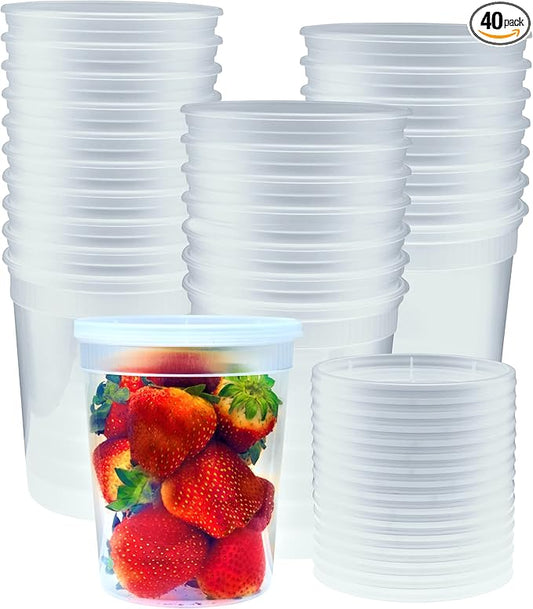 Deli Containers with Lids 32 oz. 40 Pack Disposable Clear Lunch Containers Leakproof, Plastic Round Food Storage Containers, Freezer Containers for Food