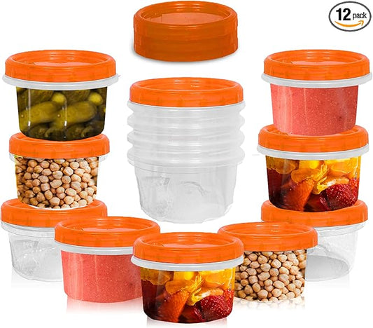 [Orange - 12 Pk] Airtight Deli Containers with Lids Twist Lock Top Clear Food Storage for Meal Prep Snacks, Leftovers Freezer and Microwave Safe Stackable Leak-Resistant and 12 Pc. Set (16 Ounce)