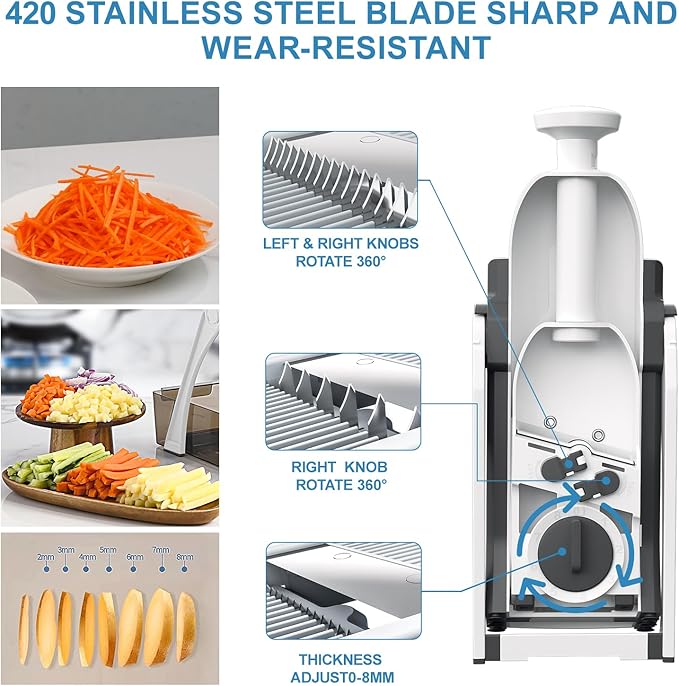 5 in 1 Safe Vegetable Chopper, Mandoline Slicer for Kitchen, Adjustable Mandoline Slicer. Easy to Clean, can't Detachable Blade, Vegetable Slicer can Cut Slicing, Strips, Shredding, Dicing,Chop