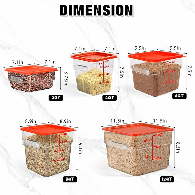 12Qt NSF Food Storage Containers with Lid - 4pcs Food Grade/Heat Resistant/Freezer Safe/Clear Square Large Food Storage Containers Set with Scale Handles for Restaurant Kitchen Pizza Cereal, w/ Labels