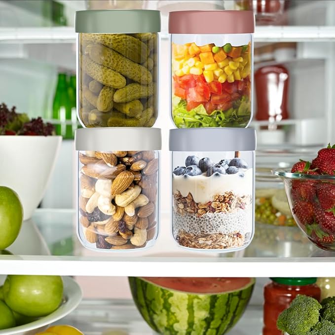 4 Pack 16Oz Glass Jars with Lids, Overnight Oats Containers with Lids, Wide Mouth Mason Jar Airtight Glass Food Storage Containers for Snacks Salad Fruit Yogurt Cereal Meal Prep Leak-Proof