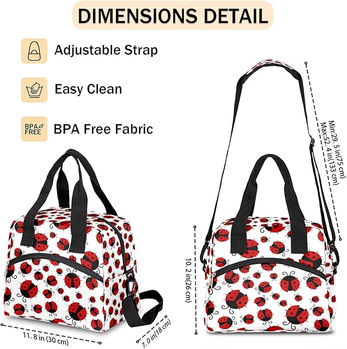 Pardick Red Ladybug Insulated Lunch Bag Cute Animal Lunch Box for Women Girl with Shoulder Strap Tote Bag Reusable Large Containers Meal Prep for School Work Travel Picnic Thermal Cooler Bag