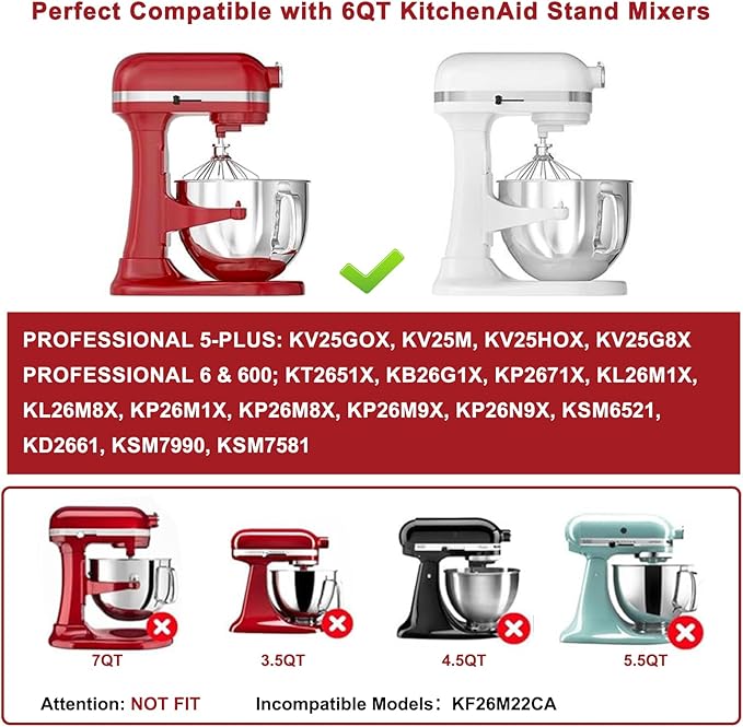 6 QT Stainless Steel Mixer Bowl Fit for KitchenAid Bowl-Lift Stand Mixers, Replacement Mixing Bowl with Handle & Lid for Kitchen Aid Professional 6 & 600, Models KV25, KP26, KL26, KT2651, KD2661