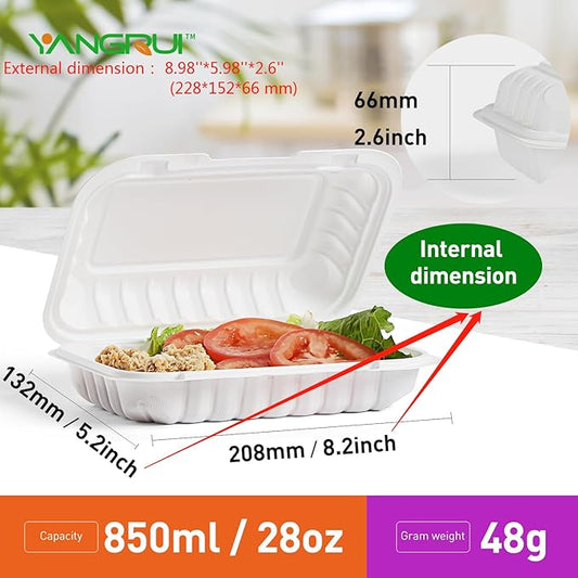 YANGRUI To Go Containers, Reusable 150 Pack 9 x 6 Inch 28 OZ Plastic Hinged Food Boxes Microwave Freezer Safe BPA Free MFPP Clamshell Take Out Container