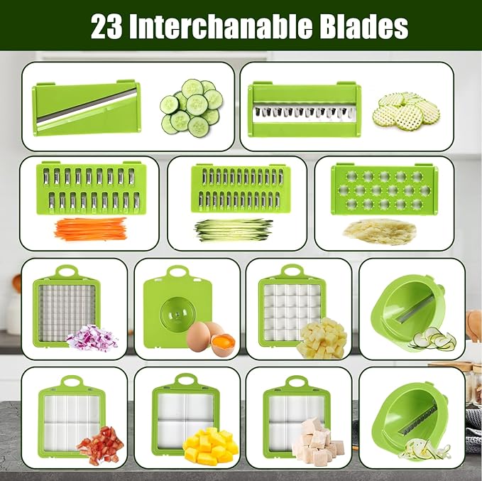 Multifunctional vegetable cutter 23 in 1 vegetable slicer, cucumber slicer, potatoes, tomatoes, zucchini, garlic, eggs, vegetable cutter with container and lid, salad cutter, dicing machine, shredder