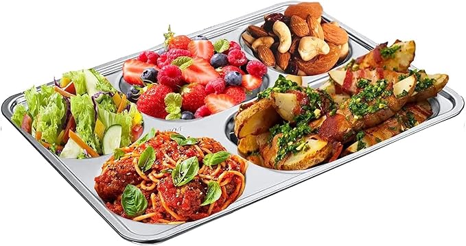 Large 13 inches Stainless Steel Rectangular Divided Plates,5 Sections Dinner Plates for Adults,Campers and Portion Control Lunch Container,2 Pack Unbreakable Rectangular Plates for Every Day Use