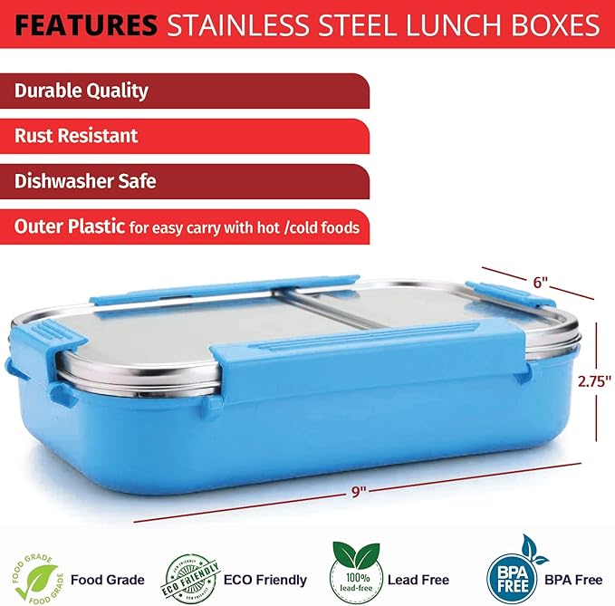 Signoraware Stainless Steel Bento Box Adult Lunch Box For Men, Women, Kids Bento Lunch Box Leak Proof Between 2 Compartments Meal Prep Containers Lunch Containers For Adults And Kids School Green
