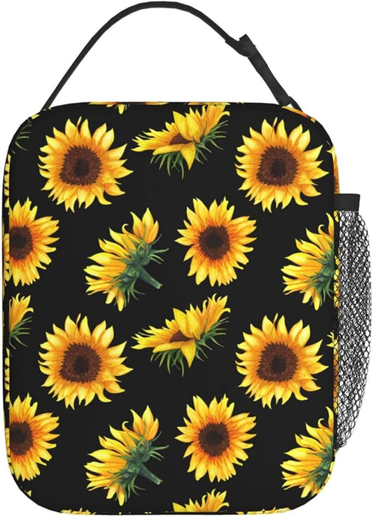 YETTA YANG Sunflower Flower Floral Black Portable Lunch Bag Insulated Lunch Box Reusable Totes For Women Men Work Picnic Camping