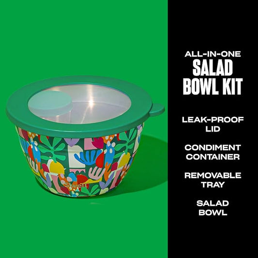 S'well Stainless Steel Salad Bowl Kit 64oz, Paper Cutouts, Comes with 2oz Mini Canister and Removable Tray for Organization, Leakproof, Easy to Clean, Dishwasher Safe