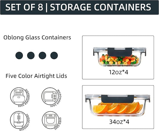 YANGNAY 8 Pack Glass Food Storage Containers, Glass Meal Prep Containers with Airtight Lids, Dishwasher/Freezer Safe, 2 sizes