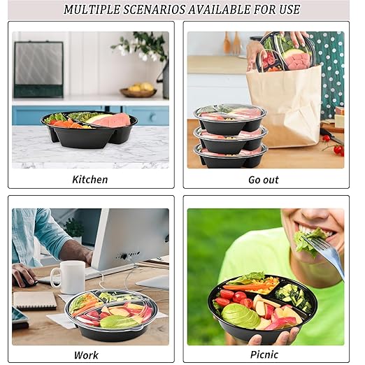 48 Pack Meal Prep Containers, 33 OZ Round Bento Box, 3 Compartment Divided Food Storage Durable Stackable Reusable, BPA Free, For Microwave, Dishwasher, Freezer（48 Trays & 48 Lids）