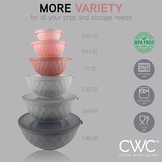 COOK WITH COLOR Mixing Bowls with Lids - 12 Piece Plastic Nesting Bowls Set includes 6 Prep Bowls and 6 Lids, Non Slip Bottom and Diamond Design - Microwave Safe (Mint)
