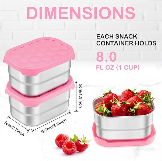 Leonyo 18/10 Stainless Steel Snack Containers for Kids, Lunch Containers for Kids and Toddlers, 8oz Snack Container with Silicone Lids, Metal Lunch Box for Daycare and School, Pink