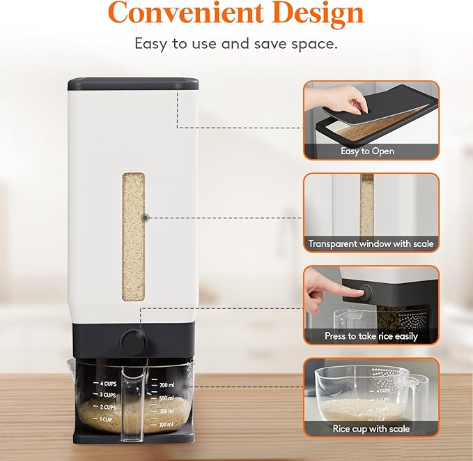 Lifewit Rice Dispenser 25 Lbs(11.3kg), Rice Storage Container Sealed Moisture Proof with Measuring Cup for Kitchen Pantry Household, BPA-Free, Black
