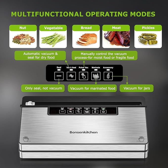 Bonsenkitchen Vacuum Sealer Machine, Stainless Steel Food Sealer Vacuum Sealers with 100 Bags & 1 Roll, 5 Food Vacuum Modes, Built-in Cutter & Bag Storage, Climate Pledge Friendly, Black