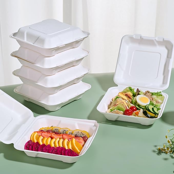 JOLLY CHEF Clamshell To Go Containers, 8 * 8" 50-Pack, Sugarcane To Go Boxes for Salad, Lunch