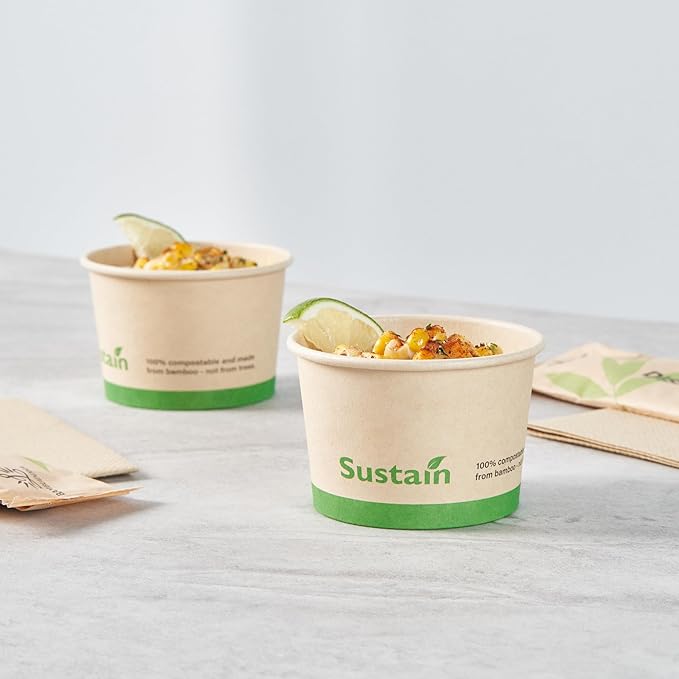 Restaurantware-Sustain 4 Ounce Paper Soup Containers, 50 Disposable Ice Cream Cups - Lids Sold Separately, With PLA lining, Bamboo To Go Hot Soup Bowls, Compostable, Greaseproof