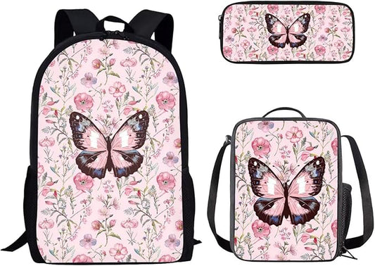 Dolyues Pink Butterfly Kids Backpack Set - Schoolbag for Boys & Girls, Includes Lunch Box & Pencil Case - Perfect for Elementary & Middle School Students