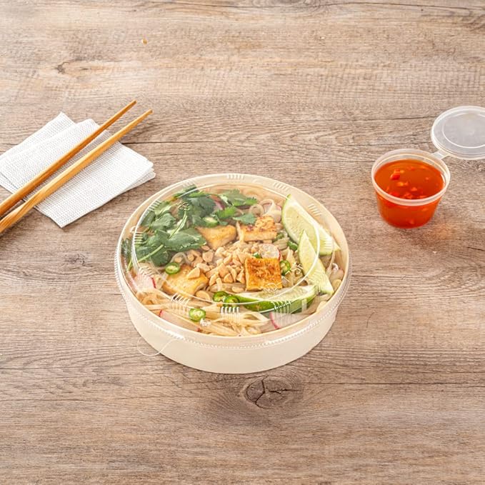 Restaurantware LIDS ONLY: Taipei 6 Inch Round Large Lids, 100 Plastic Lids For 33 oz Round Wooden Containers - Containers Sold Separately, Clear Plastic To Go Box Lids