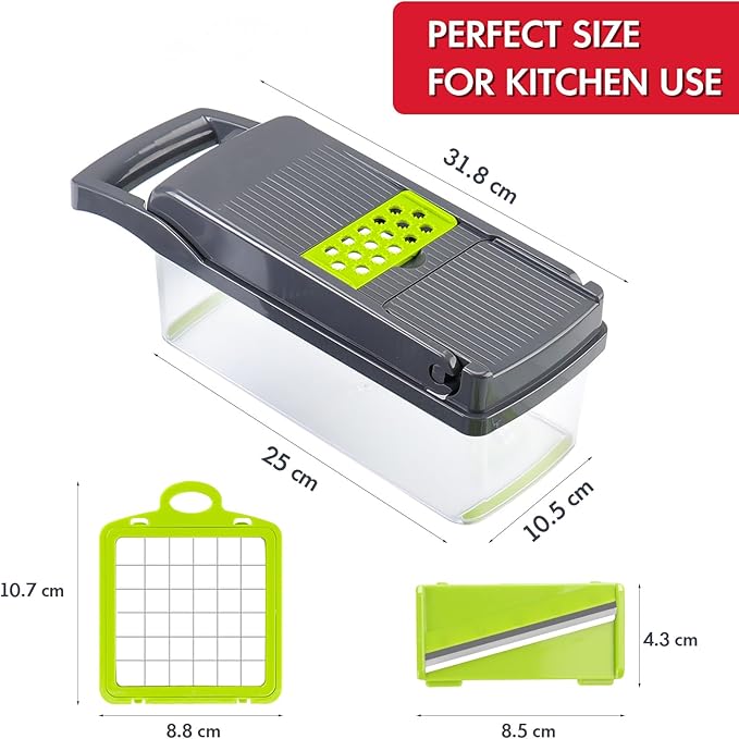Ourokhome Vegetable Chopper Onion Cutter, 14 in 1 Professional Mandolin Slicer for Kitchen, Multifunctional Food Chopper for Potato, Tomato, Veggie with Strainer Basket, 10 Blades, Gray