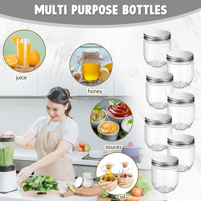 Tanlade 60 Pcs 4 oz Clear Plastic Wide Mouth Mason Jars with Lids Small Honey Jar Mini Storage Containers Bulk for Herb Jelly Butter Wedding Favors Shower Party (Silver)