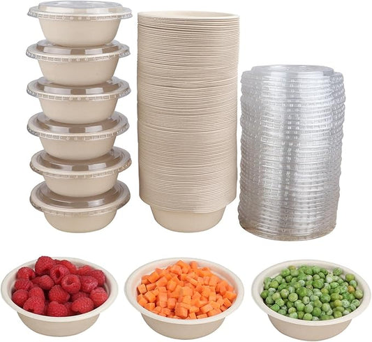 12 oz Round Disposable salad bowls with lids, Sugarcane Fiber Paper Bowls take away food containers Plant Fibers Freezer Safe 50 Pack
