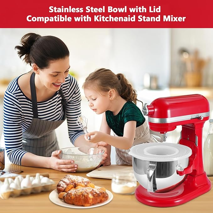 Stainless Steel Bowl for KitchenAid Professional 5 Plus Series and 6 Quart Bowl-Lift Stand Mixer,Mixing Bowl for Kitchenaid Picurean and Professional Models,(With Lid)