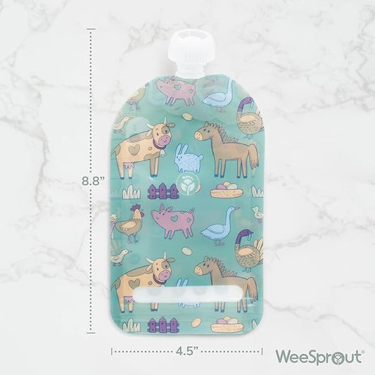 WeeSprout Double Zipper Reusable Food Pouches, Perfect for Babies & Toddlers, Freezer & Dishwasher Safe (Educational, 7 Fl Oz (Pack of 6) + Pouch Filler)