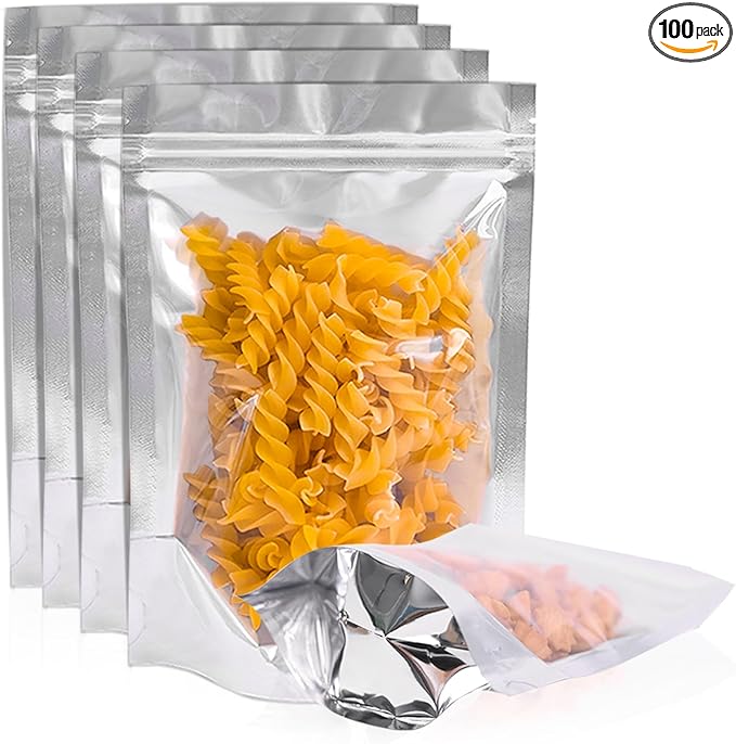 100PCS 6"X9" Clear Front & Aluminum Foil Back Mylar Bags for Food Storage,Smell Proof Stand Up Ziplock Pouch,Resealable Bags for Small Business Packaging Candy Coffee Bean Nuts Cookie