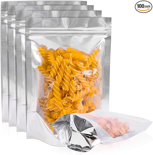 100PCS 6"X9" Clear Front & Aluminum Foil Back Mylar Bags for Food Storage,Smell Proof Stand Up Ziplock Pouch,Resealable Bags for Small Business Packaging Candy Coffee Bean Nuts Cookie