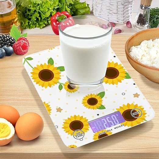Food Scale Kitchen Digital Scale Food Ounces and Grams Dieting Baking Cooking Waterproof Glass Panels LCD Display,4 Units Scale Tare Function Sunflower
