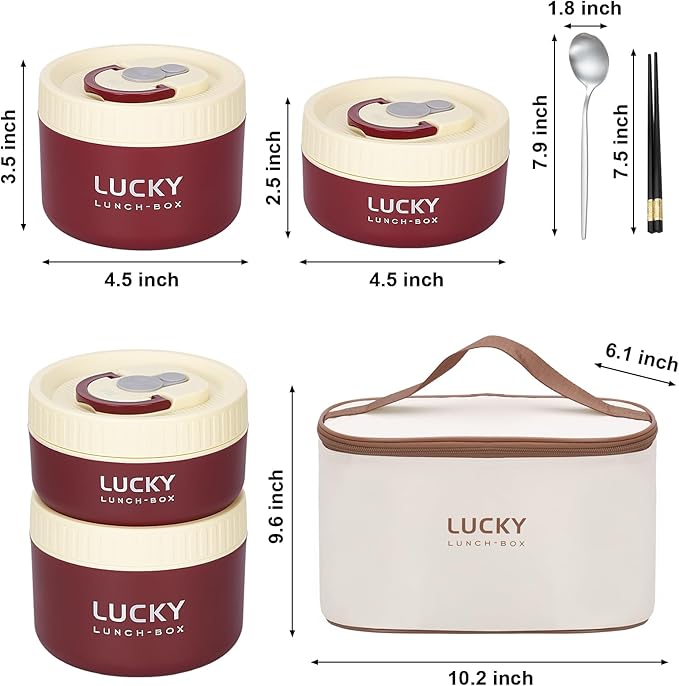 Portable Insulated Lunch Containers, Stainless Steel Bento Box Adult Lunch Box with Insulated Lunch Bag, 4 Separate Stackable Lunch Container for Adult, Red