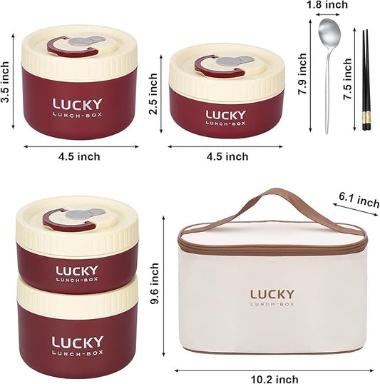 Portable Insulated Lunch Containers, Stainless Steel Bento Box Adult Lunch Box with Insulated Lunch Bag, 4 Separate Stackable Lunch Container for Adult, Red