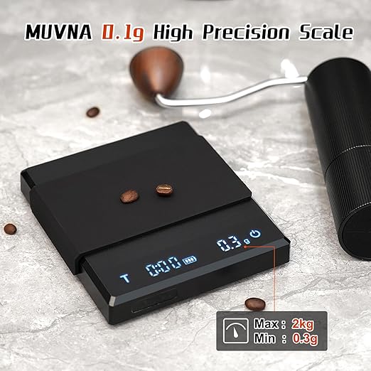 0.1g High Precision Digital Coffee Scale, 0.3g to 2kg Measuring Range Rechargeable Espresso Scale with Tare Function, LED Display (Black, ABS)