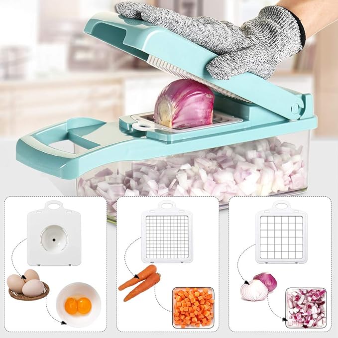 Vegetable Chopper, Cambom Multifunctional Vegetable Cutter Onion Chopper Mandoline Slicer Dicer with Colander Basket and Container 8 Interchangeable Blades