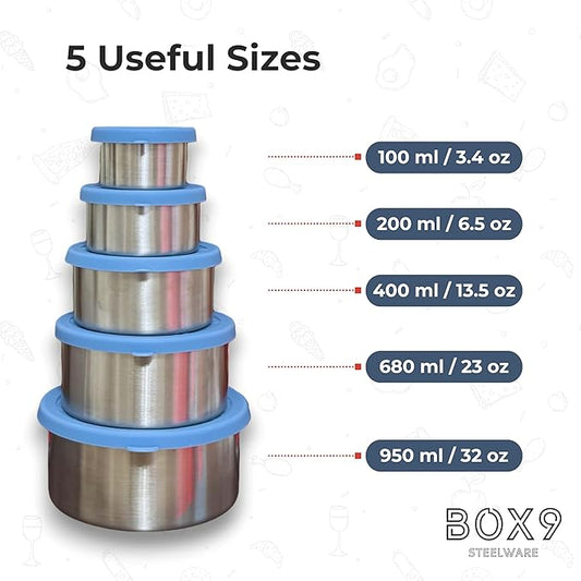 Stainless Steel Containers with Lids - Leak Proof BPA Free | Easy Open Silicone Lids | Meal Prep, Snacks, Lunch for Kids & Adults (32oz/23oz/13oz/6oz/3oz)