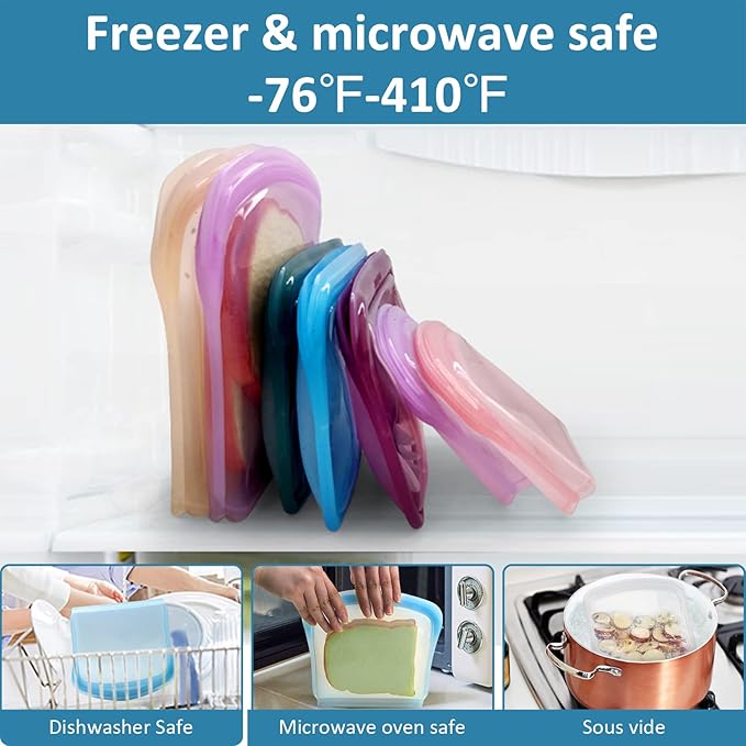 KVK Platinum Reusable Silicone Bags - Flat Silicone Pocket Snack Sandwich Bags - Double Lock Leakproof Silicone Food Storage Bags Oven Freezer Dishwasher Safe - Lavender