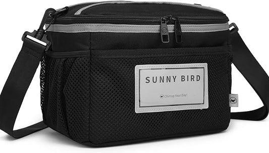 SUNNY BIRD Insulated Lunch Bag with Foldable and Leakproof Design, Thermally Insulated, Shoulder Strap for Women, Men and Teen (Black 002)