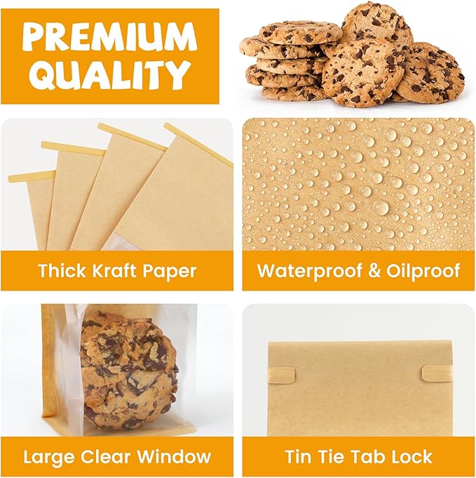 100 Pack Small Bakery Bags with Window, 3.9x3.1x8.2 Inches Tin Tie Tab Lock Cookie Packaging Bag Resealable Paper Treat Bags for Homemade Granola, Popcorn, Candies, Goodies