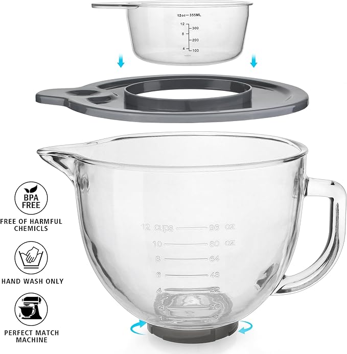 Glass Mixing Bowl Accessory 5 Quart - Compatible with KitchenAid 4.5 and 5 Quart Tilt-Head Stand Mixers (With Measuring Cup Lid)